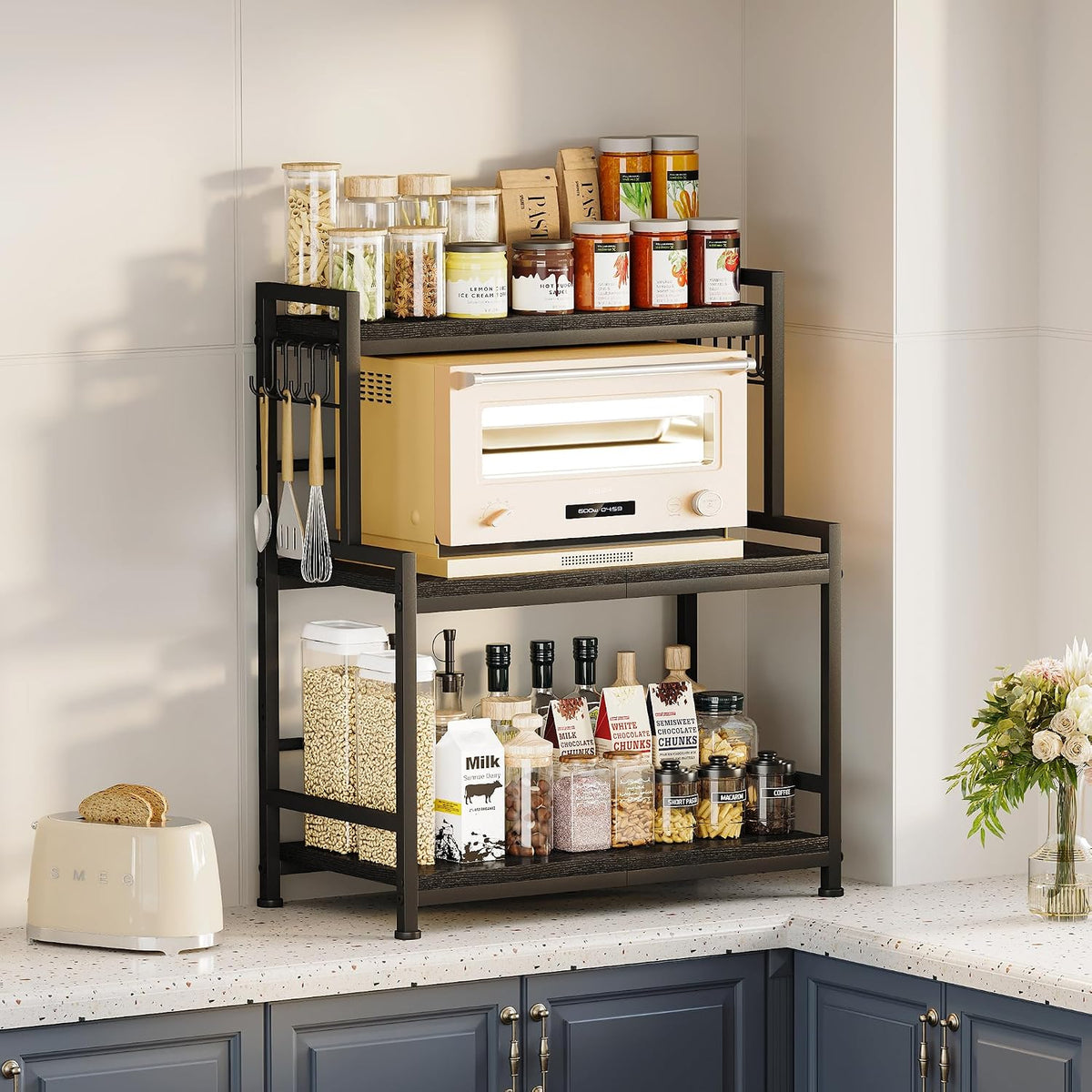 23.6"W Large Kitchen Countertop Organizer, 3 Tier Spice Rack Organizer with Adjustable Shelf and 10 Hooks, Wooden