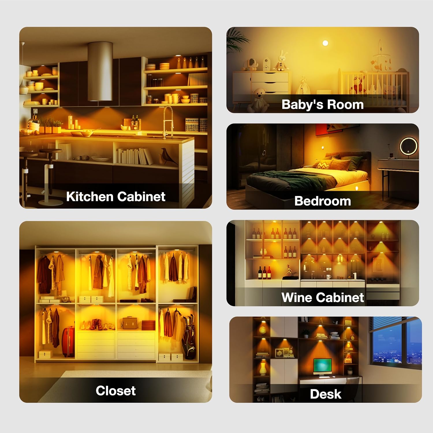 Puck Lights with Remote Control,Under Cabinet Lighting,Warm White,6 pcs | Stick On Lights,Magnetic,Cordless,1200mAh