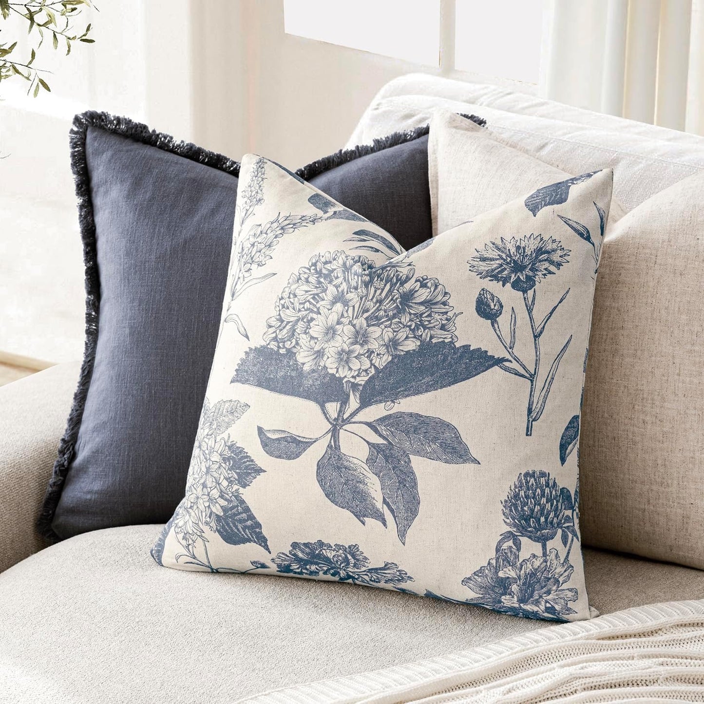 Linen Floral Vintage Throw Pillow Covers Neutral Accent Print / 18 x 18 / Aegean Blue / Set of 2