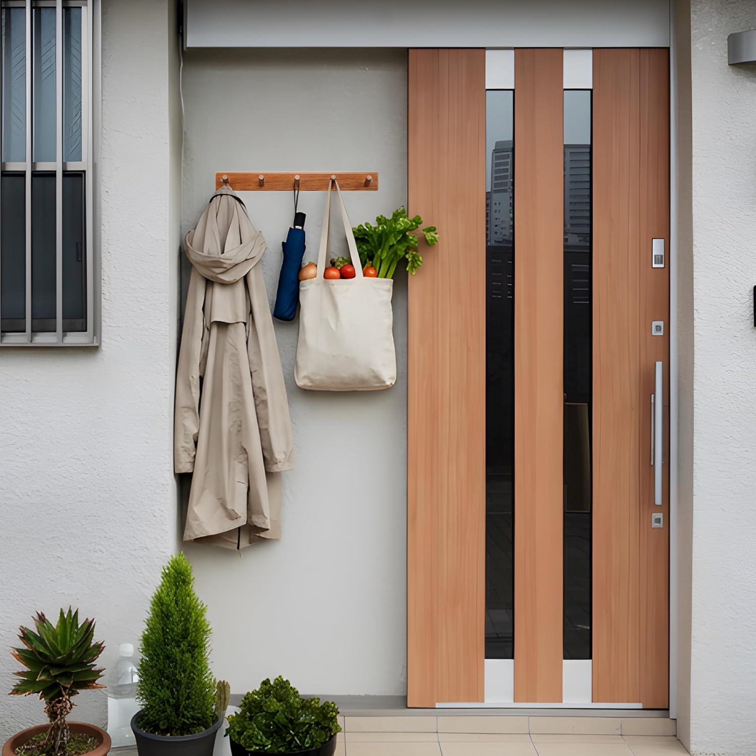 Natural Teak Wall-Mounted Coat Rack (Set of 2, 16'' Hole to Hole) - Farmhouse Entryway Hooks with 5 Wooden Hooks Each