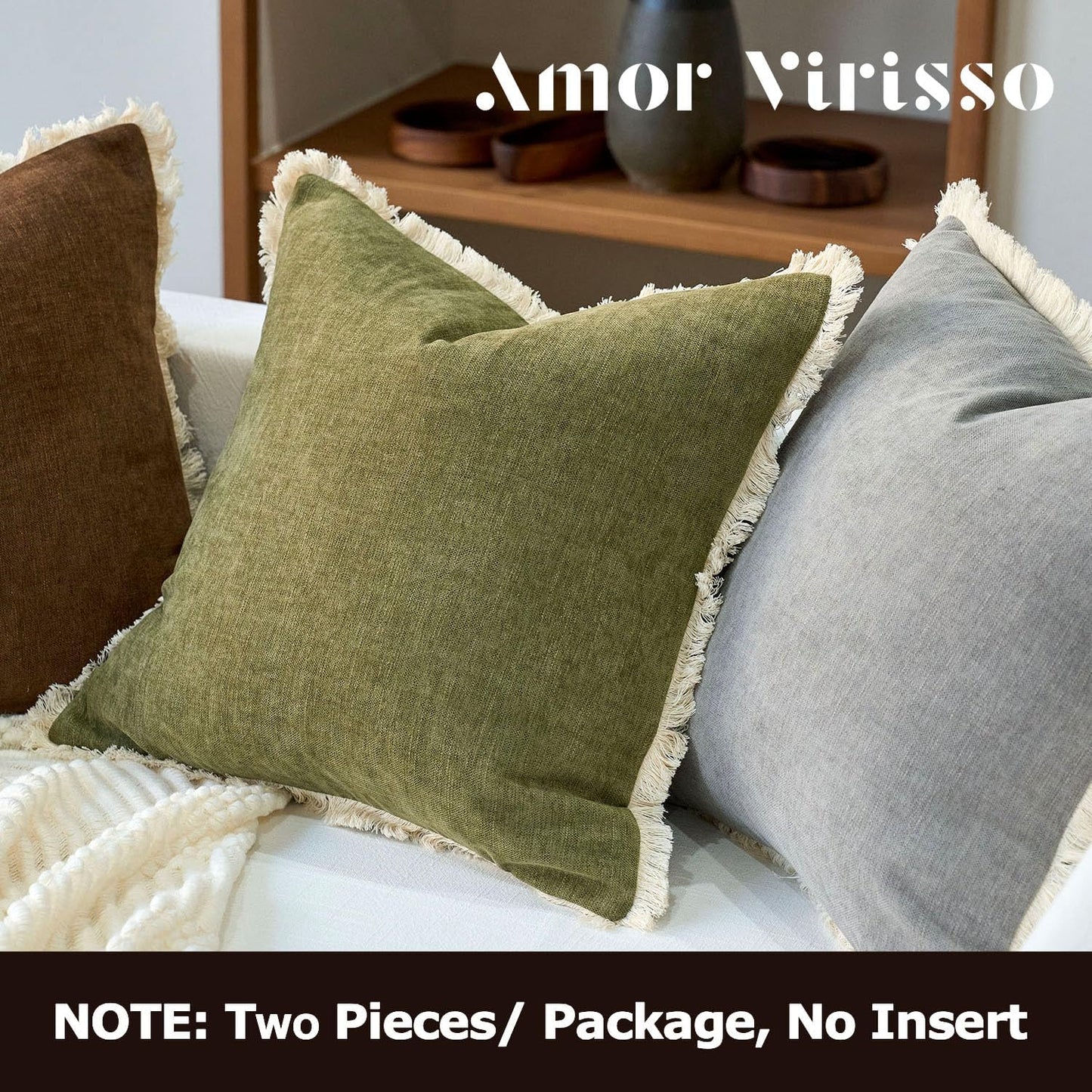 Fringe Throw Pillow Covers Boho Neutral Farmhouse Decorative / Olive Green / 18 x 18 / Set of 2
