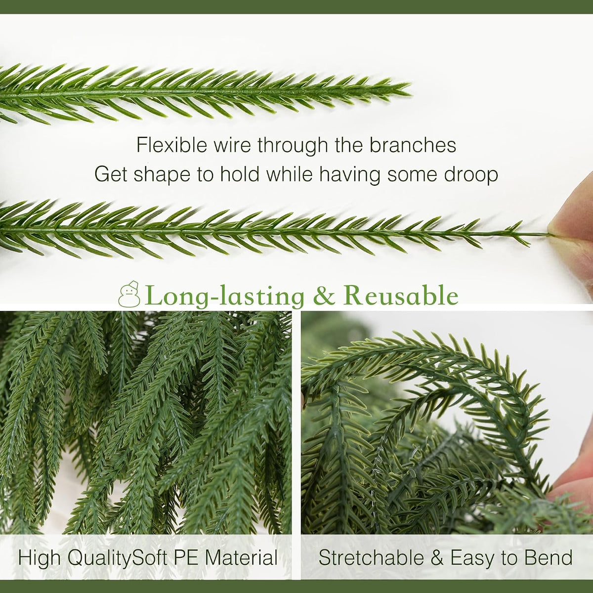4PCS 9FT Christmas Norfolk Pine Garland Real Touch for Mantle Decoration | Artificial Realistic Winter Greenery Garland