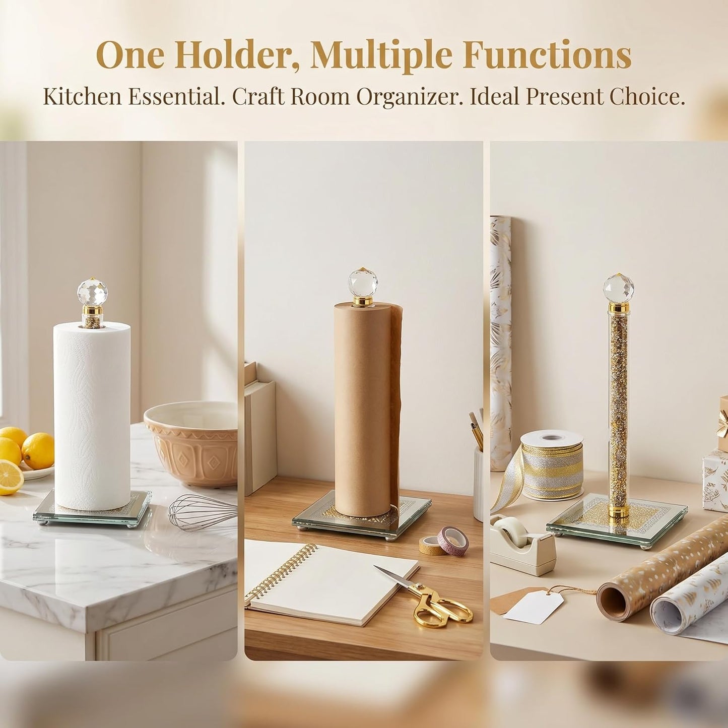 Paper Towel Holder, Gold Paper Towel Roll Dispenser Stand Weighted Base Non Slip Filled with Sparkly Crystal Crushed