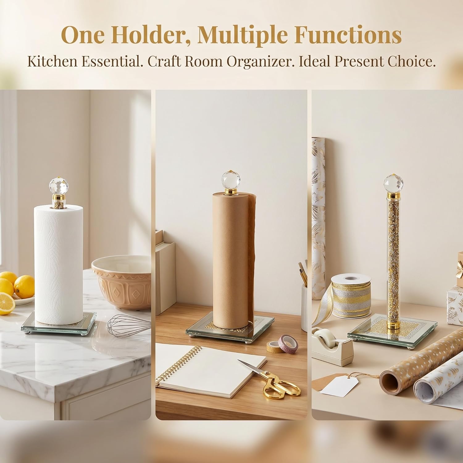 Paper Towel Holder, Gold Paper Towel Roll Dispenser Stand Weighted Base Non Slip Filled with Sparkly Crystal Crushed