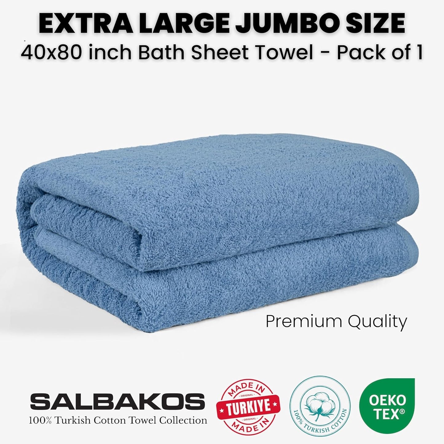 SALBAKOS Luxury 100% Turkish Cotton Bath Sheet 40x80 inch (1-Piece, Blue) | Extra Large Jumbo Oversized Bathroom and