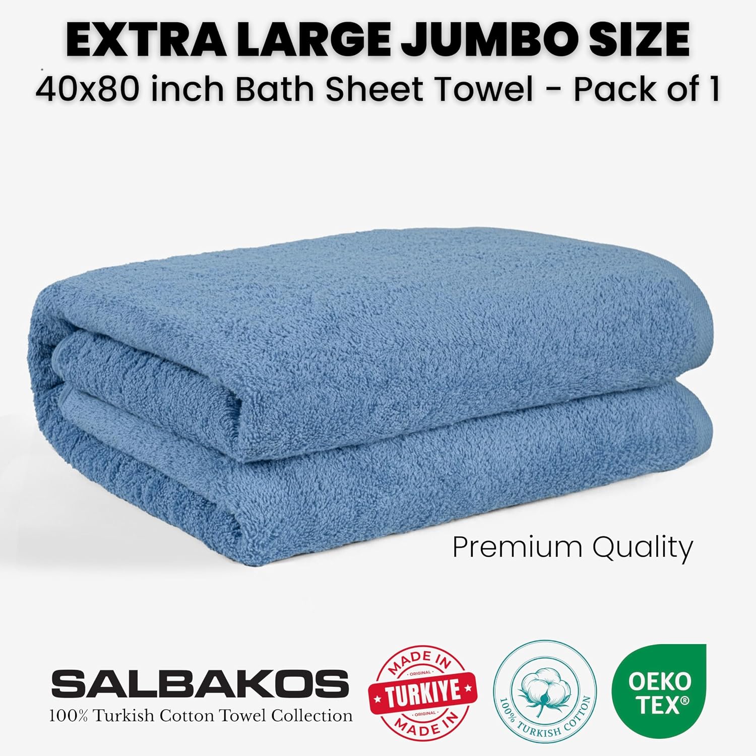 SALBAKOS Luxury 100% Turkish Cotton Bath Sheet 40x80 inch (1-Piece, Blue) | Extra Large Jumbo Oversized Bathroom and