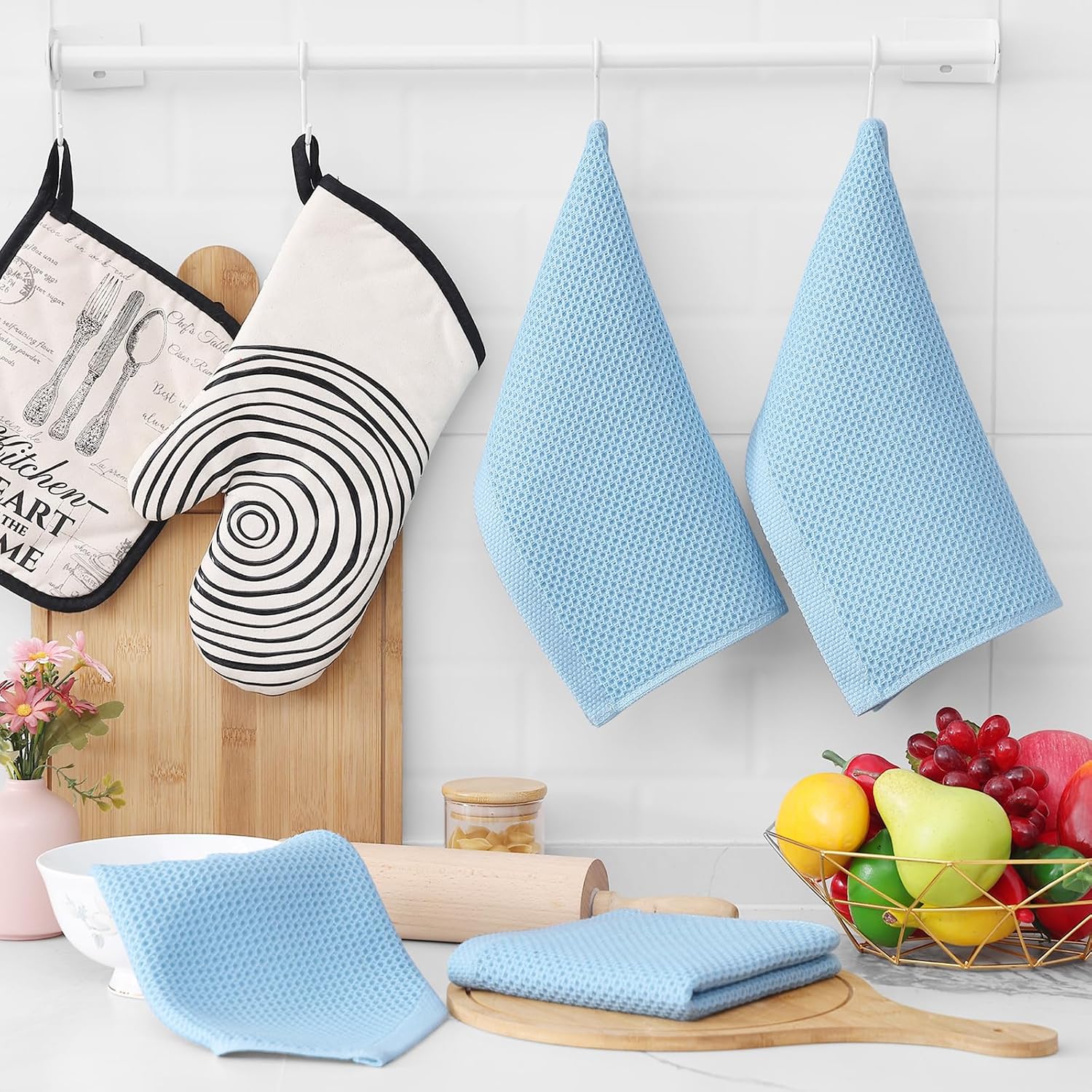 Homaxy 100% Cotton Waffle Weave Kitchen Dish Cloths 8-Pack, Sky Blue | 12 x 12 Inches, Ultra Soft Absorbent Dish
