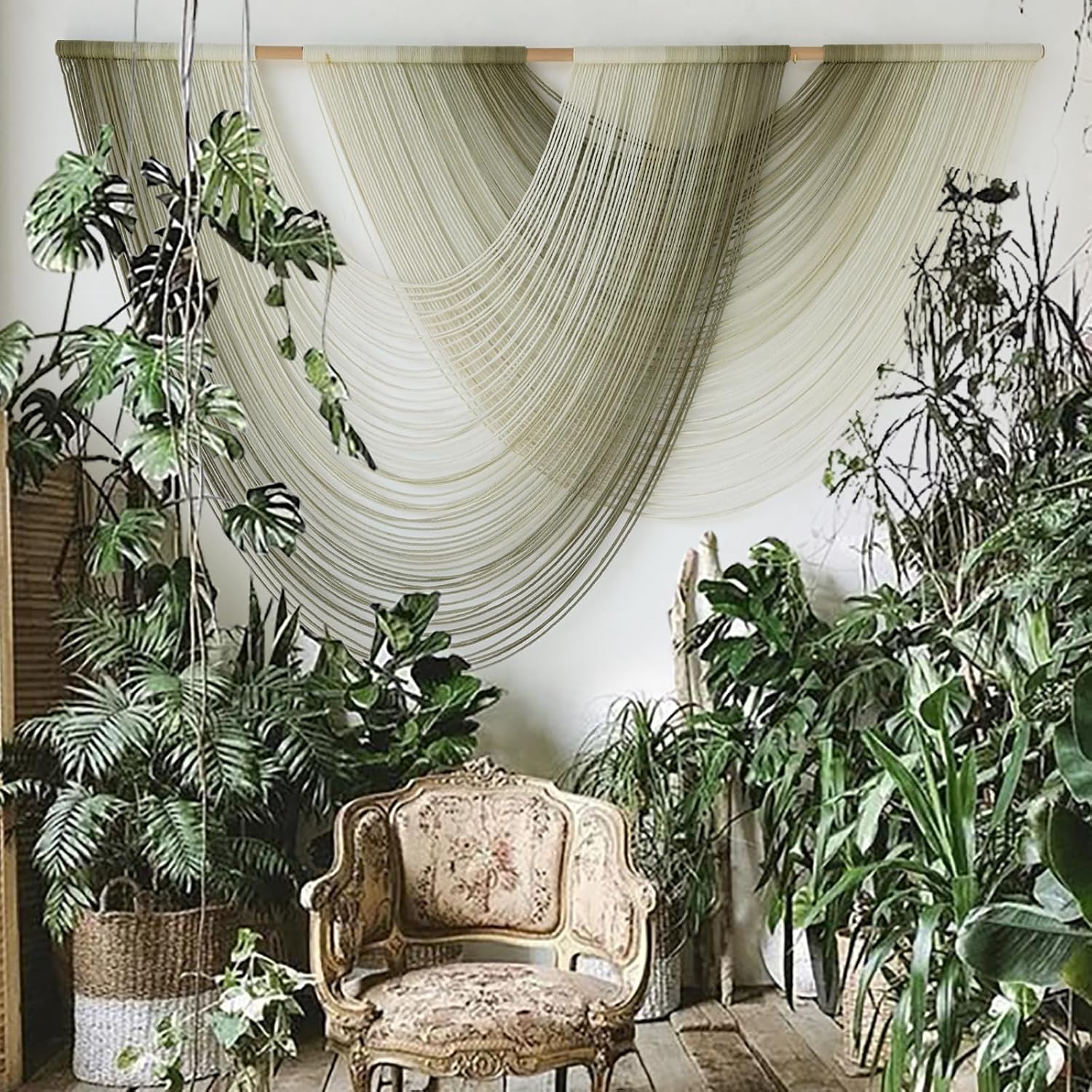 Macrame Wall Hanging Boho Tapestry Dip Dyed Ombre Moss Green 57"W*39"L