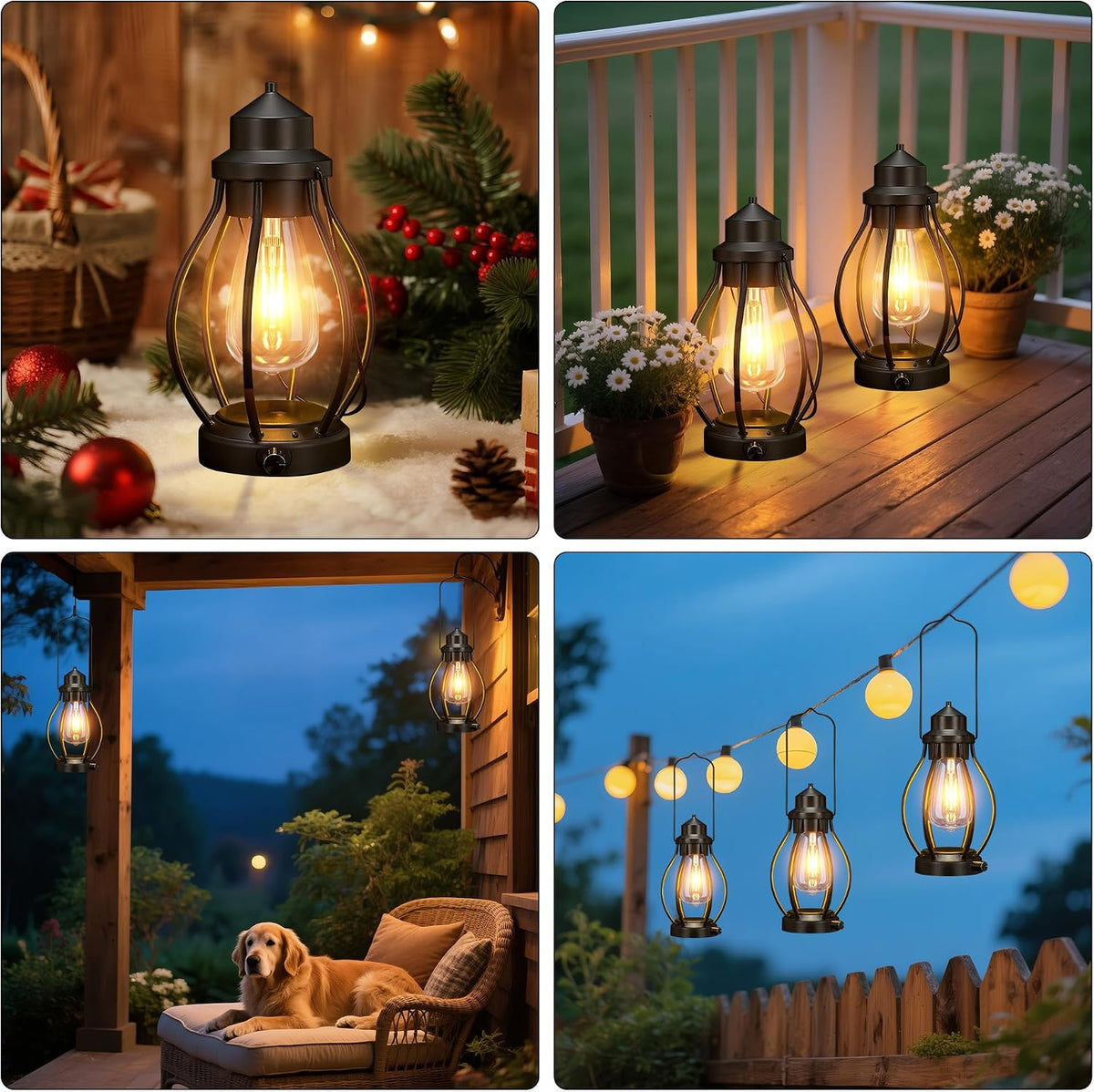 Battery-Powered LED Lanterns Vintage Lights for Camping, 2 Pack Rechargeable Lantern with Dimmerble Warm White Edison