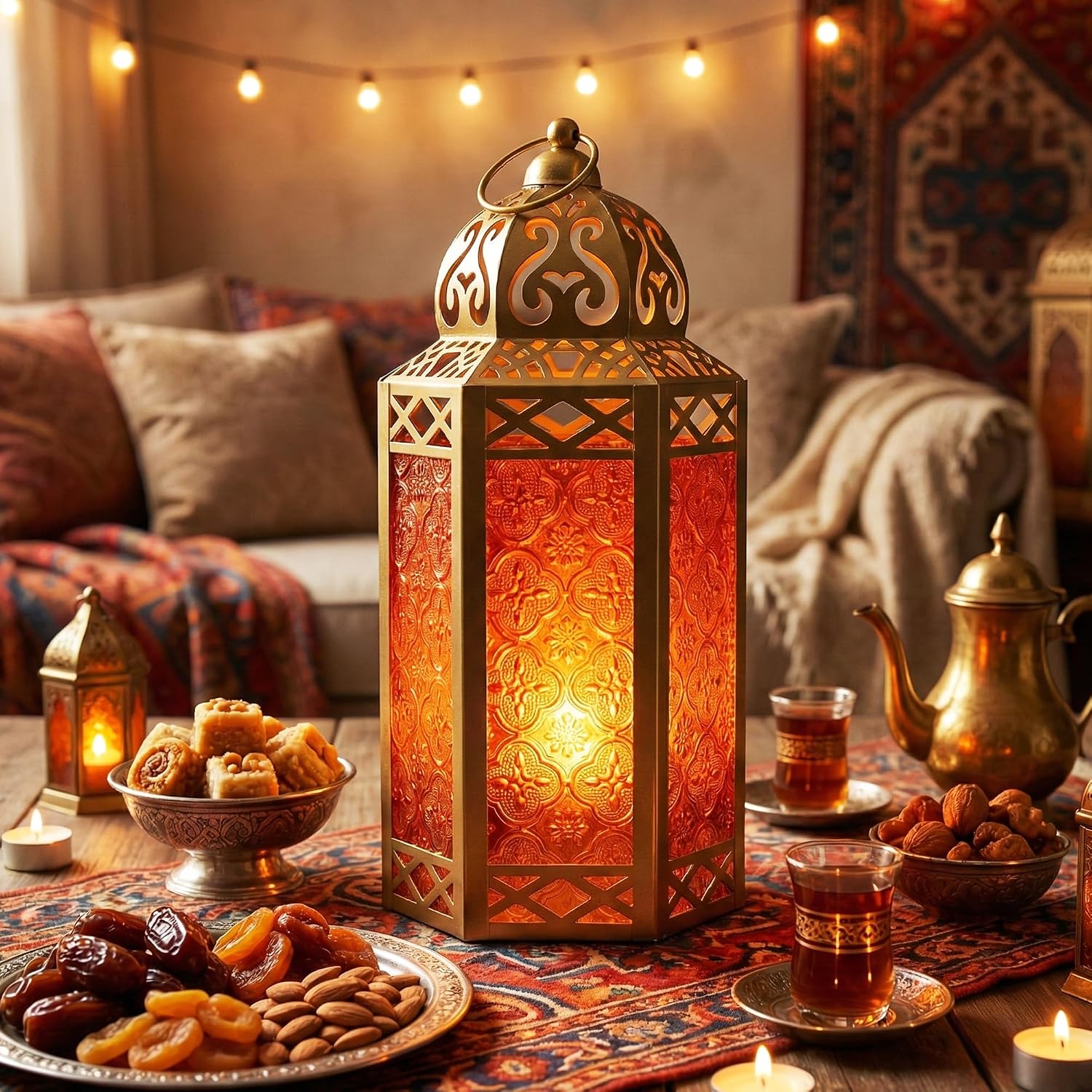 VELA LANTERNS 6-Pack Gold Metal Moroccan Decorative Candle Lantern Holder for Hanging or Table Centerpieces, Exotic