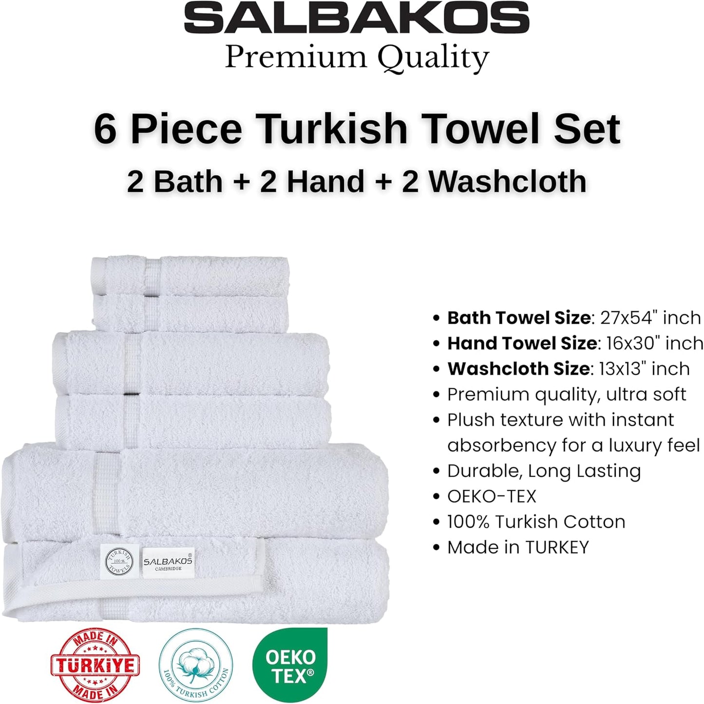SALBAKOS 100% Turkish Cotton Bathroom Towel Set of 6-Piece, White | 630 Gsm Thick Super Soft Highly Absorbent 2 Bath +