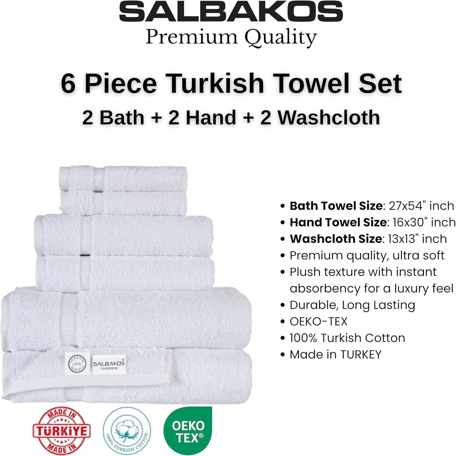 SALBAKOS 100% Turkish Cotton Bathroom Towel Set of 6-Piece, White | 630 Gsm Thick Super Soft Highly Absorbent 2 Bath +