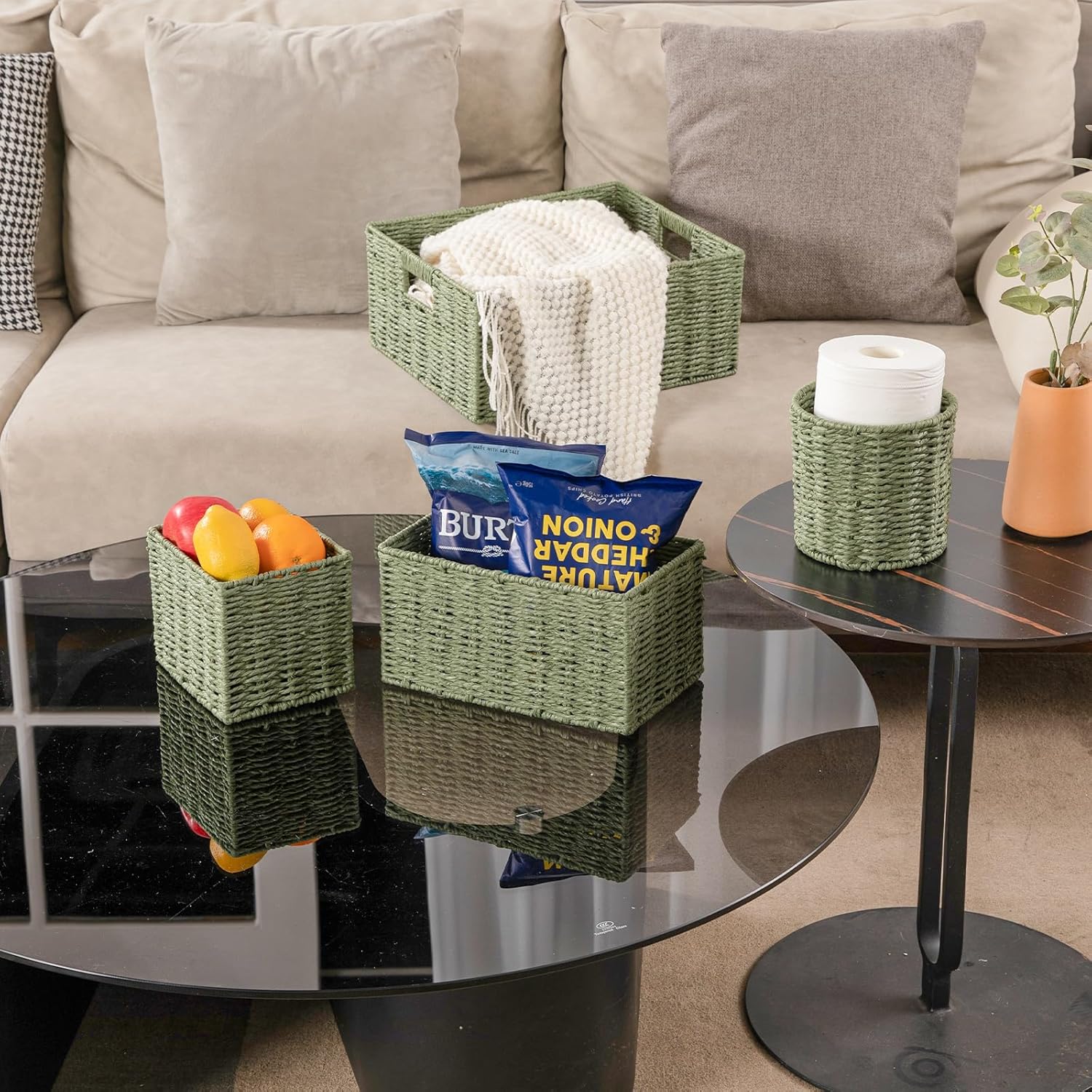 Wicker Baskets for Organizing / Green / Set of 4