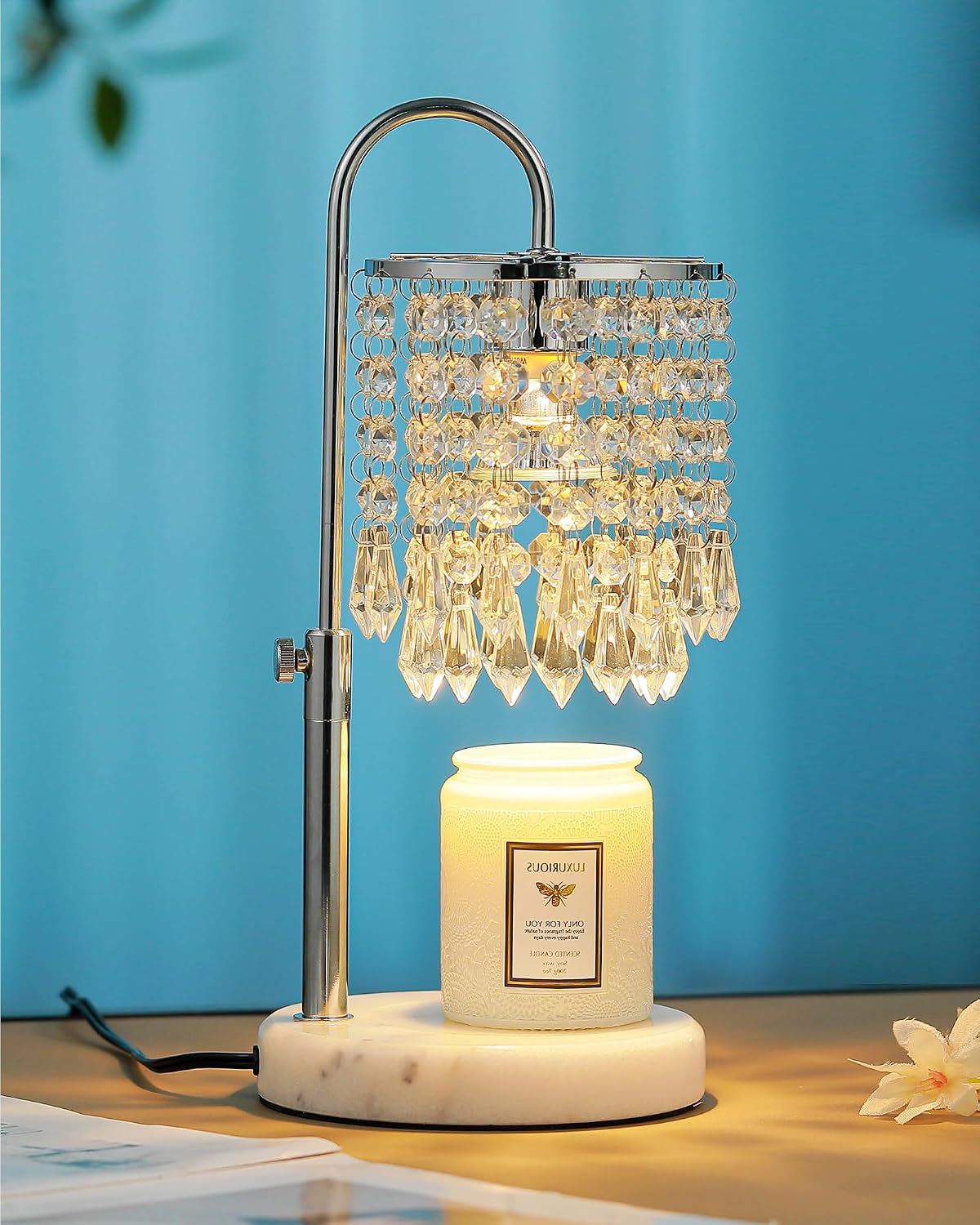 Candle Warmer Lamp with Timer Dimmer and 3 Bulbs, Candle Lamp Warmer with Marble Base for Adjustable Height, Crystal
