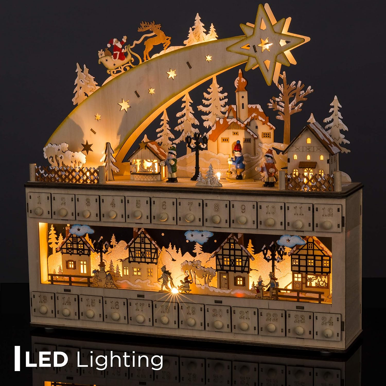 Best Choice Products Wooden Christmas Advent Calendar, Shooting Star Holiday Decoration w/Battery-Operated LED Light