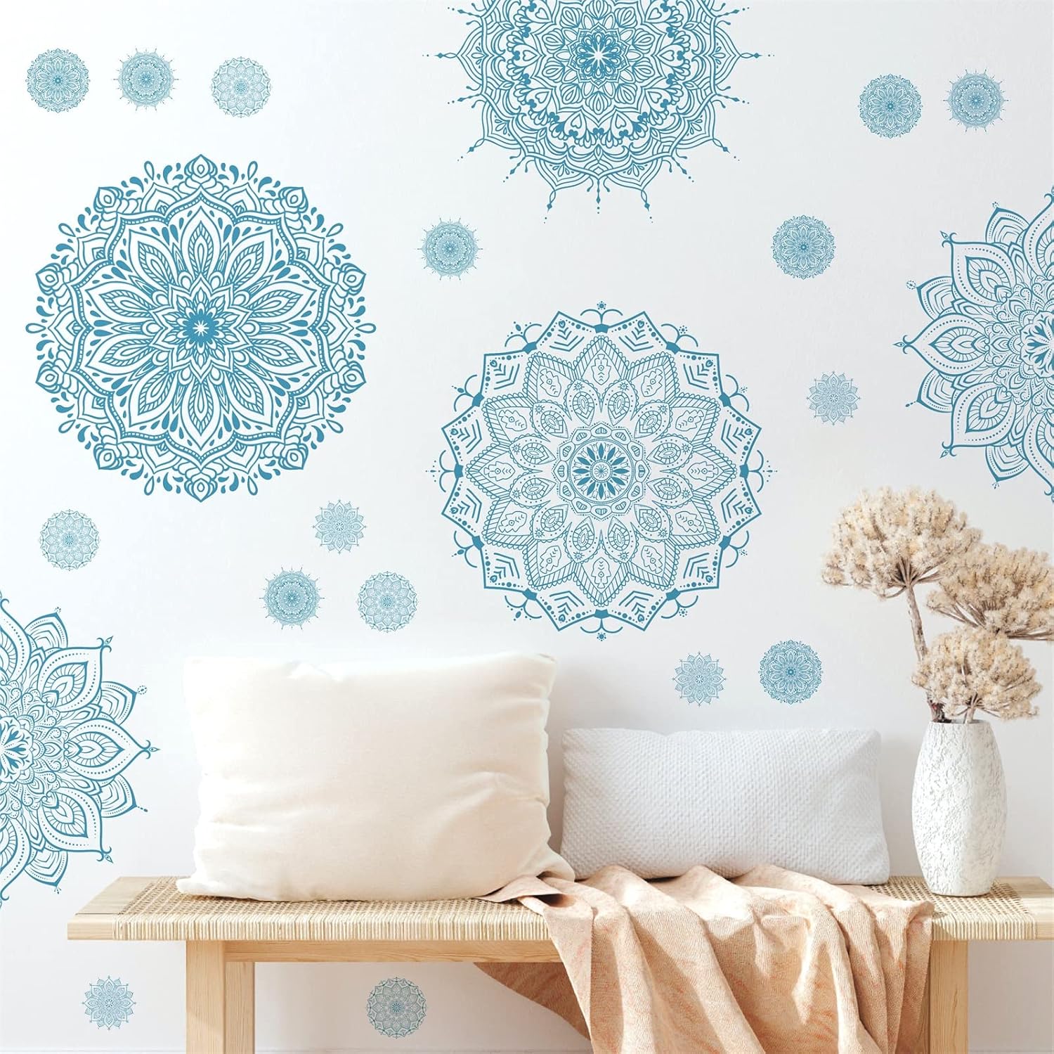 Light Blue Mandala Wall Stickers Removable Mandala Art Decals Peel and Stick Lotus / Blue Small
