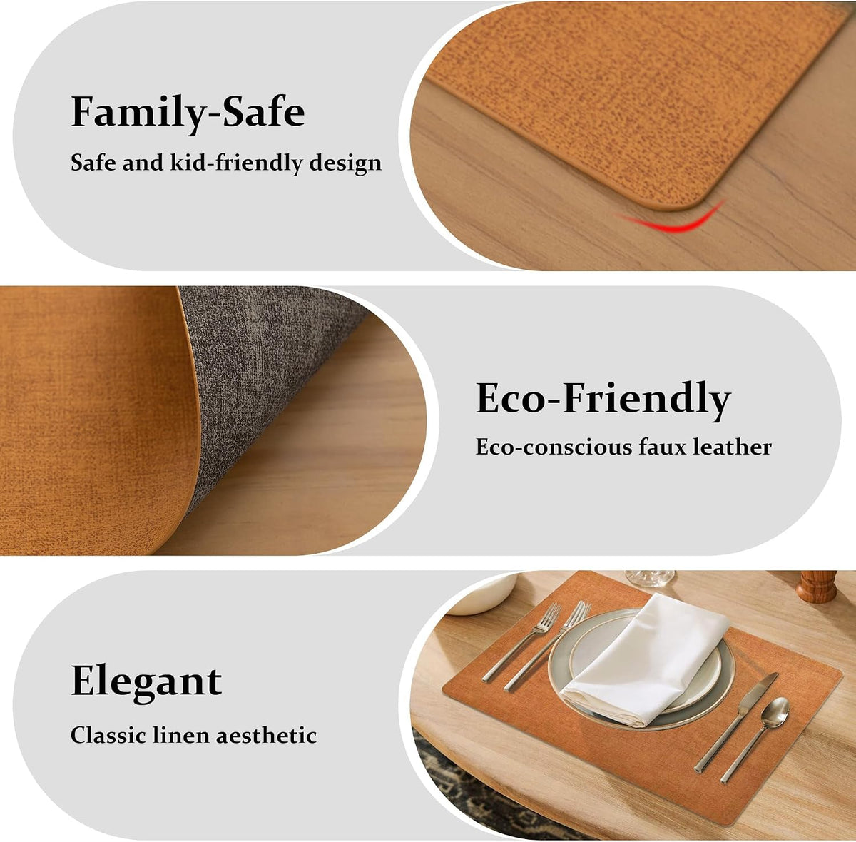 FROMHEART Faux Leather PU Placemats Set of 8 (Orange Grey,11.8" x 17") | Waterproof,Heat/Oil Stain-Resistant Table