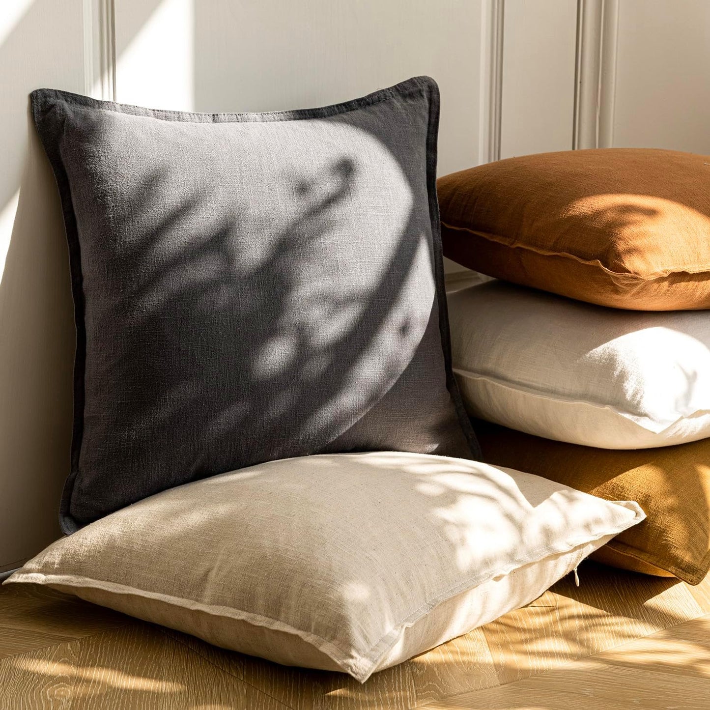 Decorative Linen Soild Throw Pillow Covers Soft Accent Cushion / 18 x 18 / Natural Beige / Set of 2
