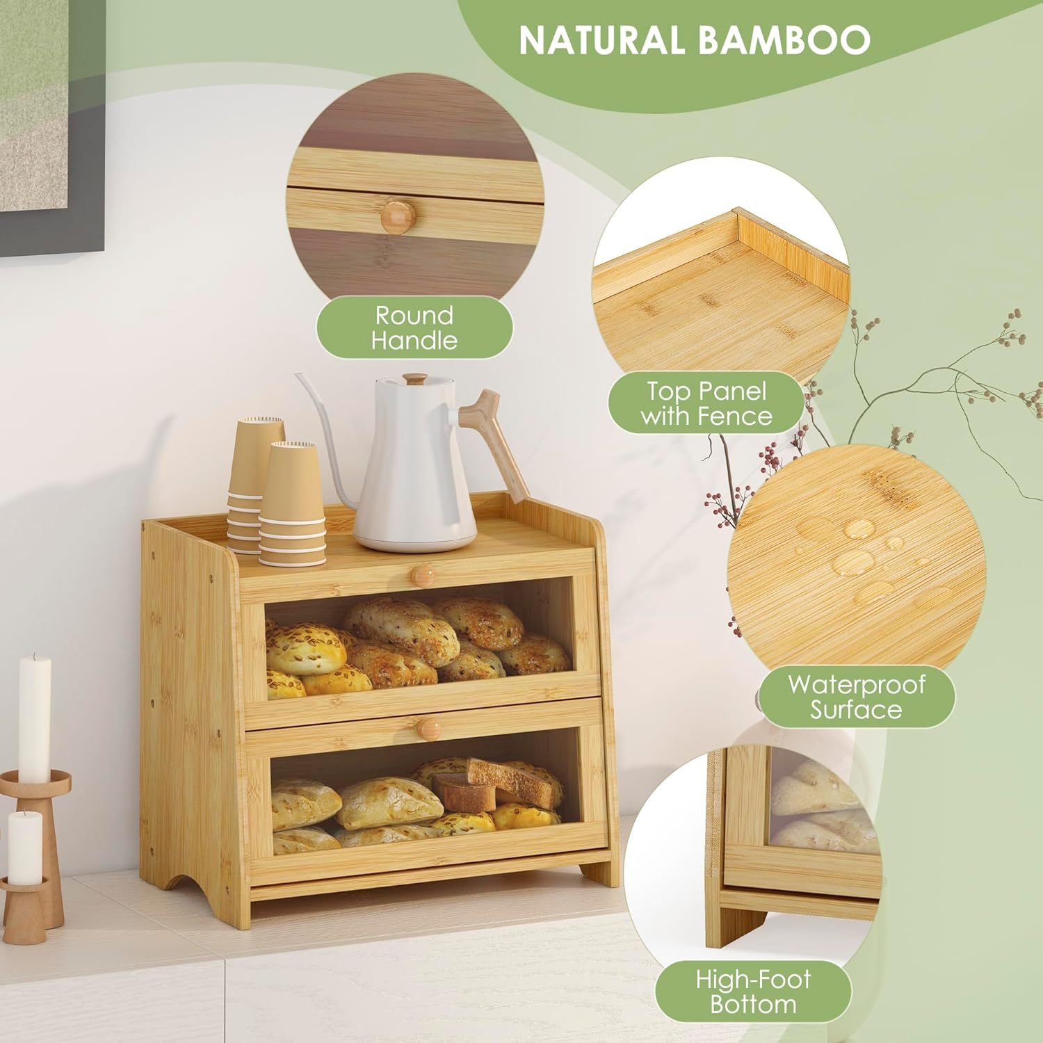 Double Layer Bread Box Container for Kitchen Countertop Homemade Bread | Large Breadbox Storage Wooden Farmhouse Bread