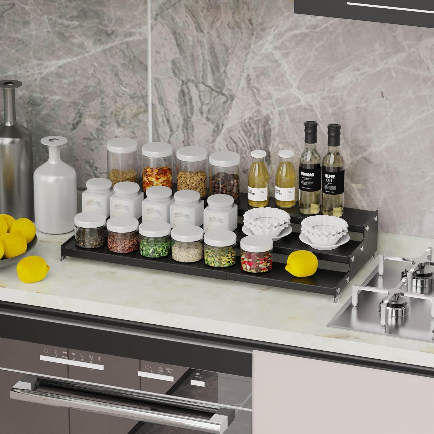 Expandable Spice Rack Storge organizer with 3-Tier step shelf for cabinet,seasoning racks organizion.Great for Kitchen
