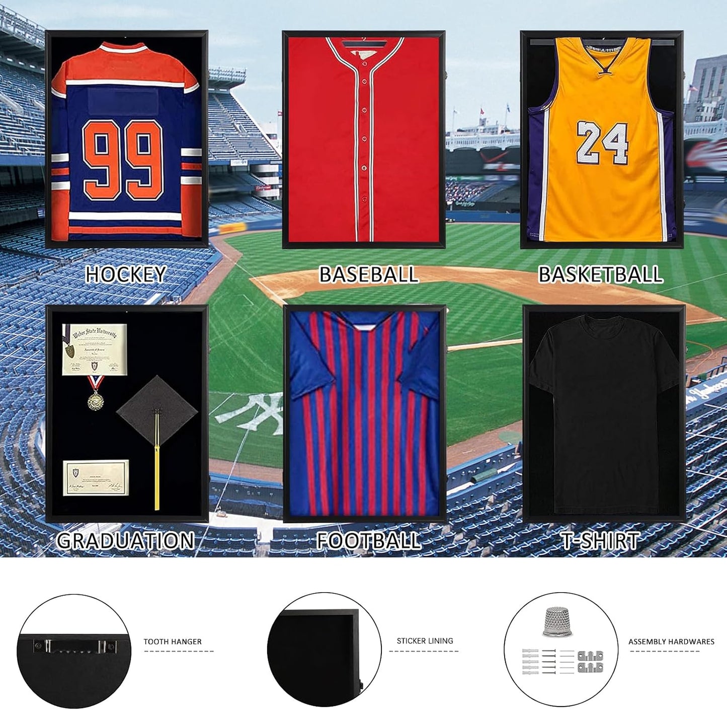 Jersey Frame Display Case, Black Locks Shadow Box Sports Jersey Frame with UV Protection Acrylic and 2 Hanger for