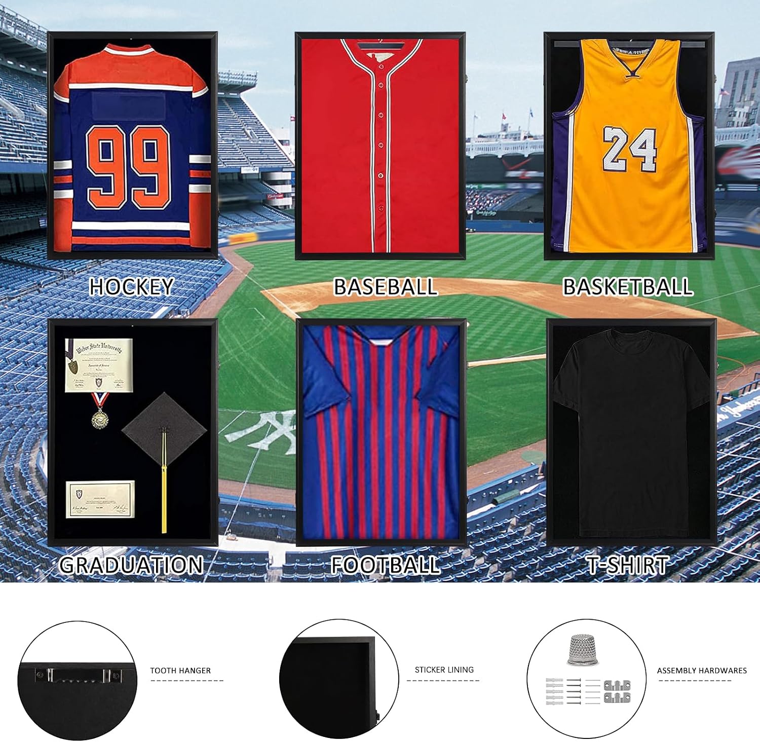 Jersey Frame Display Case, Black Locks Shadow Box Sports Jersey Frame with UV Protection Acrylic and 2 Hanger for