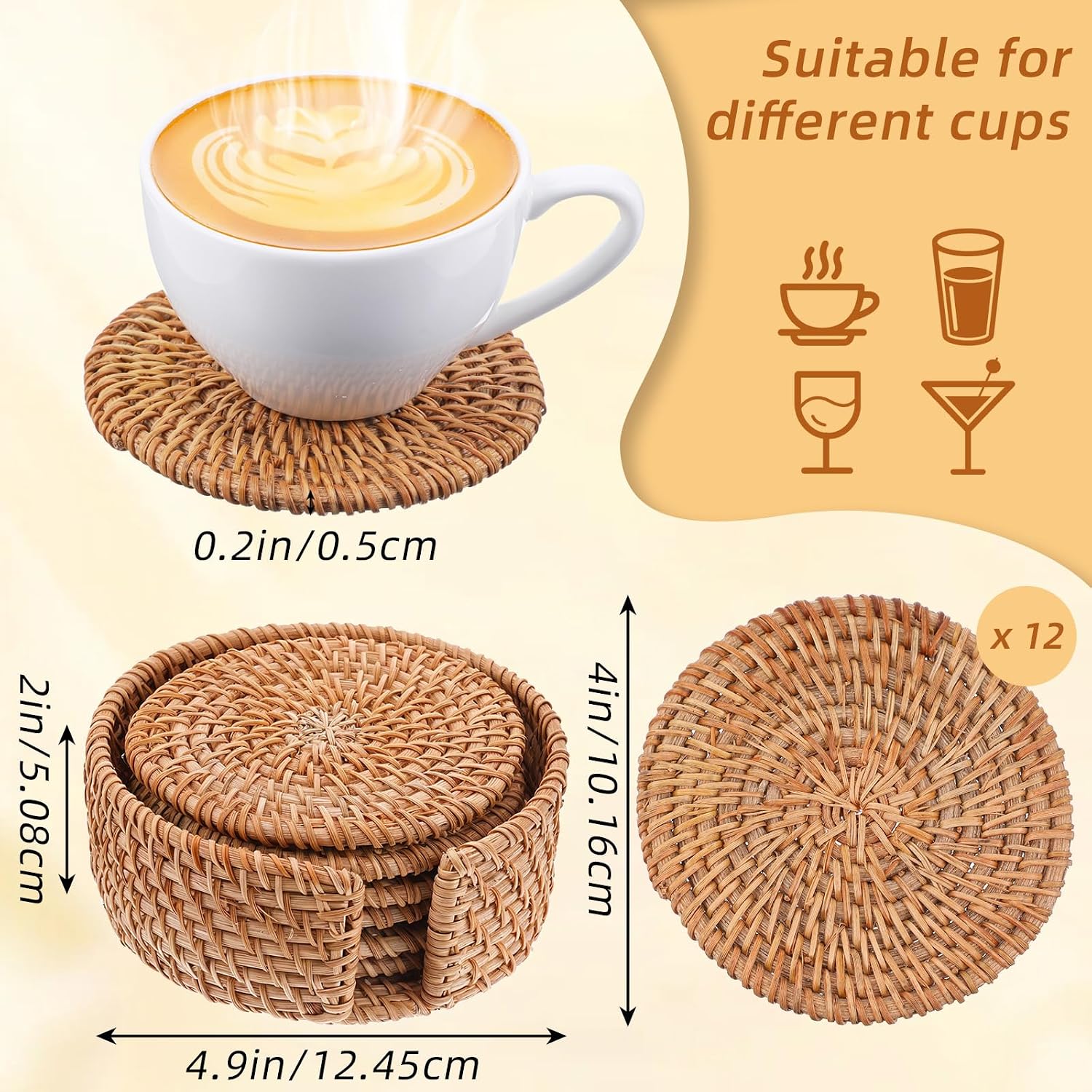 Holder / Wicker Boho Drink Coasters Set / Natural / 4 Inch / Set of 12