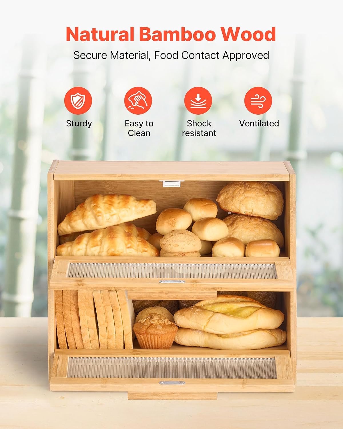 VEVOR Double Layer Bread Box for Kitchen Counter, Large Capacity Bamboo Bread Storage Container, Farmhouse Wooden