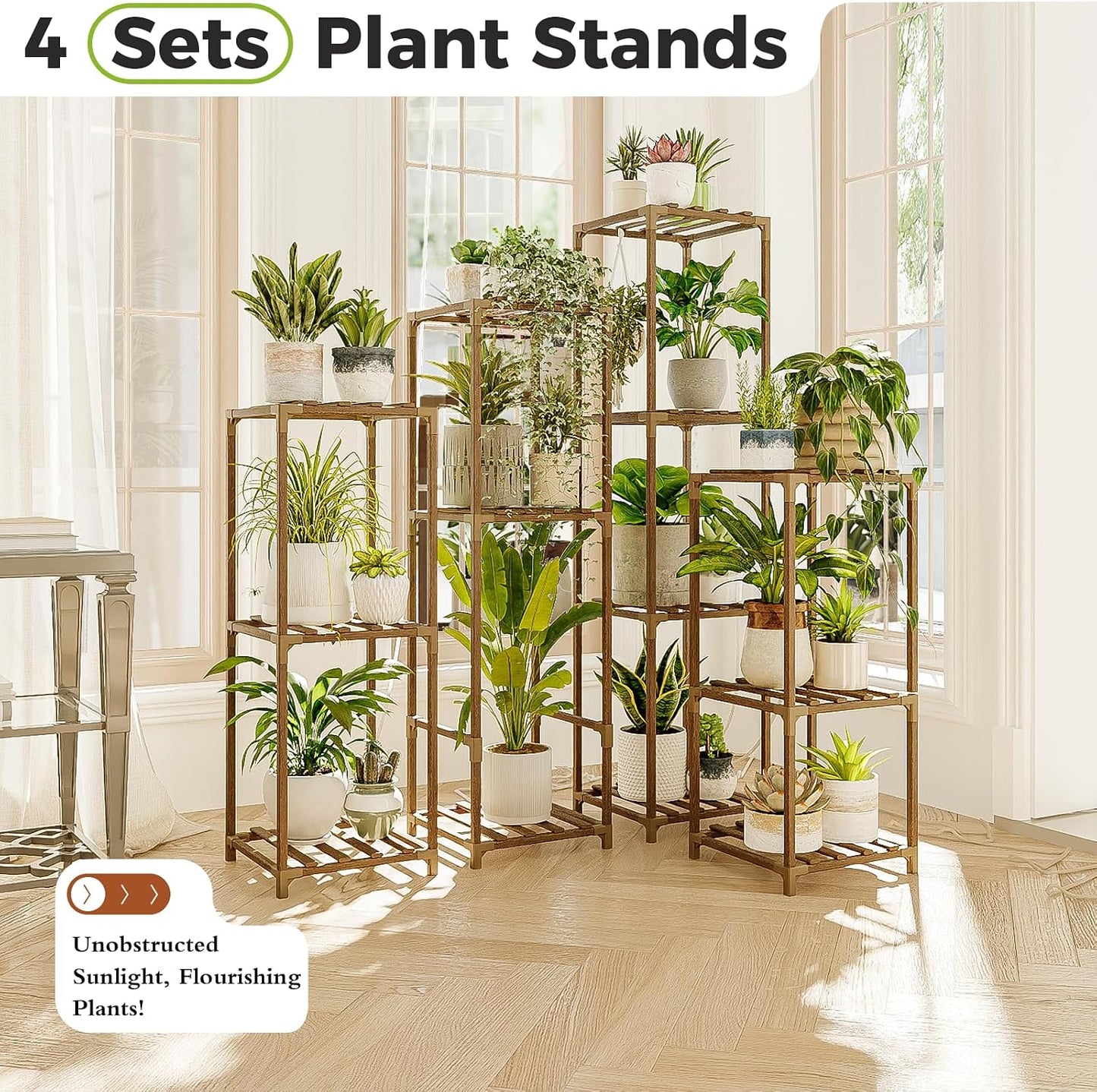 Bamworld Plant Stands Indoor 4 Sets Plant Shelves Outdoor | Tall Wooden Plant Holder for Multiple Plants Flower Stands