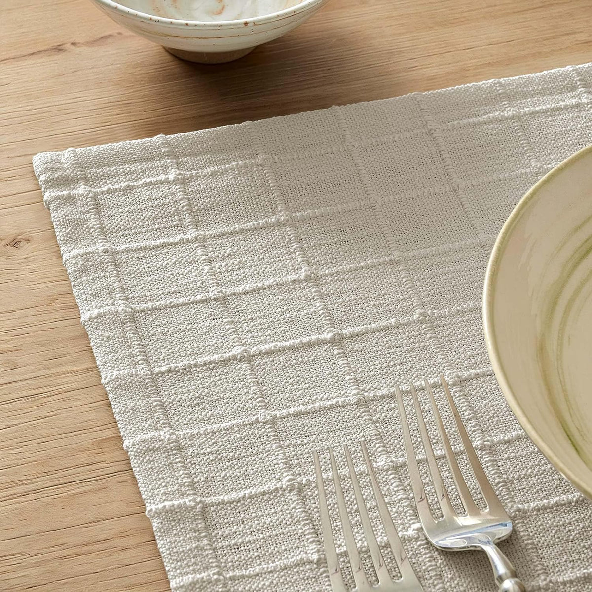 Artisanal Grid Decorative Linen Placemats Set of 6, Ivory | Thick Heavy Textured Washed Linen Place Mats 13×19in
