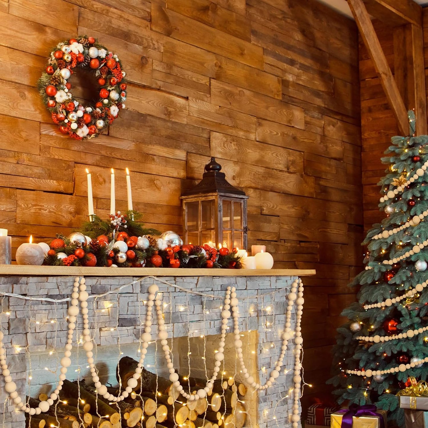 4 Pcs 72 ft Christmas Tree Wood Bead Garland Christmas Wooden Beads Garland Hanging Boho Xmas Decor Rustic Farmhouse