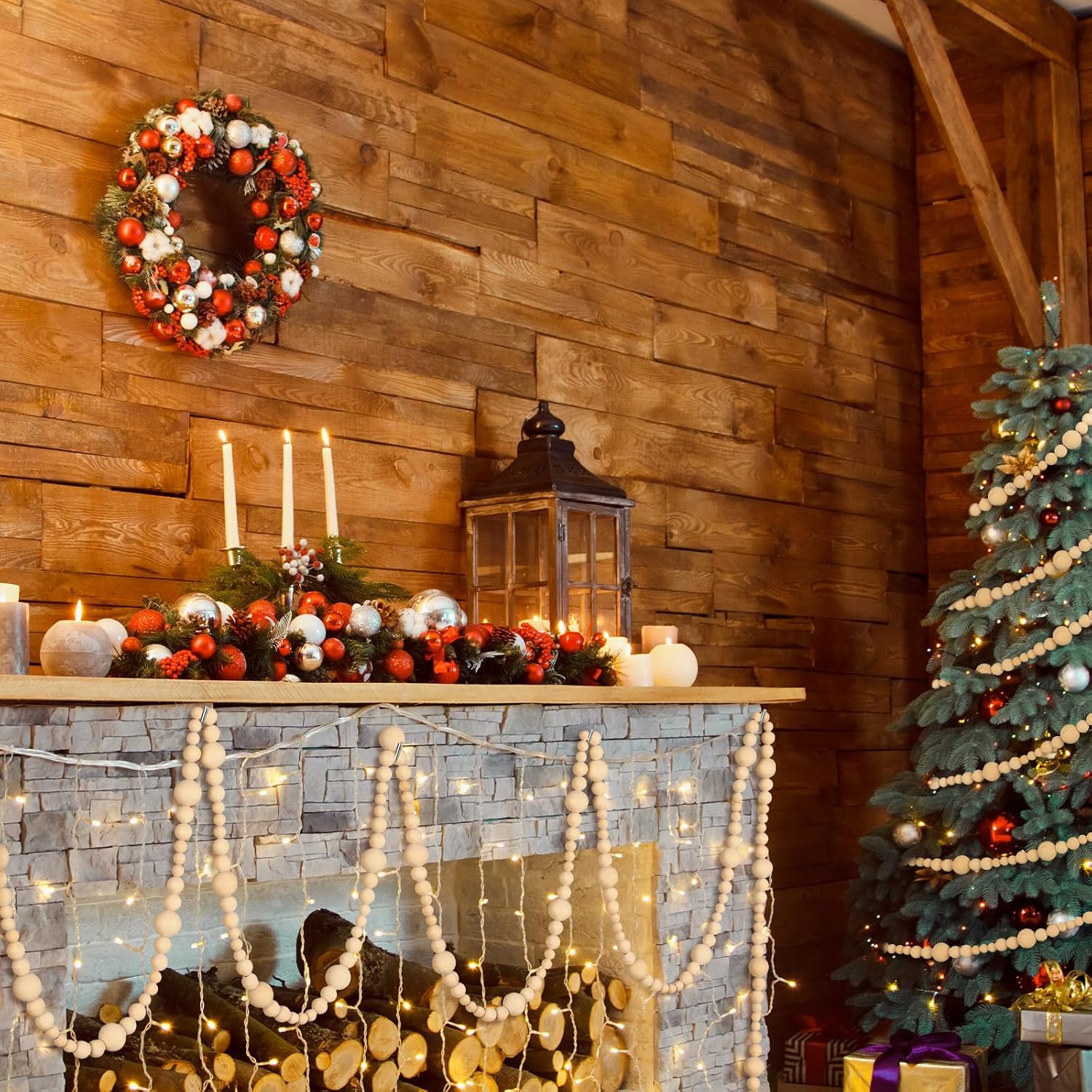 4 Pcs 72 ft Christmas Tree Wood Bead Garland Christmas Wooden Beads Garland Hanging Boho Xmas Decor Rustic Farmhouse