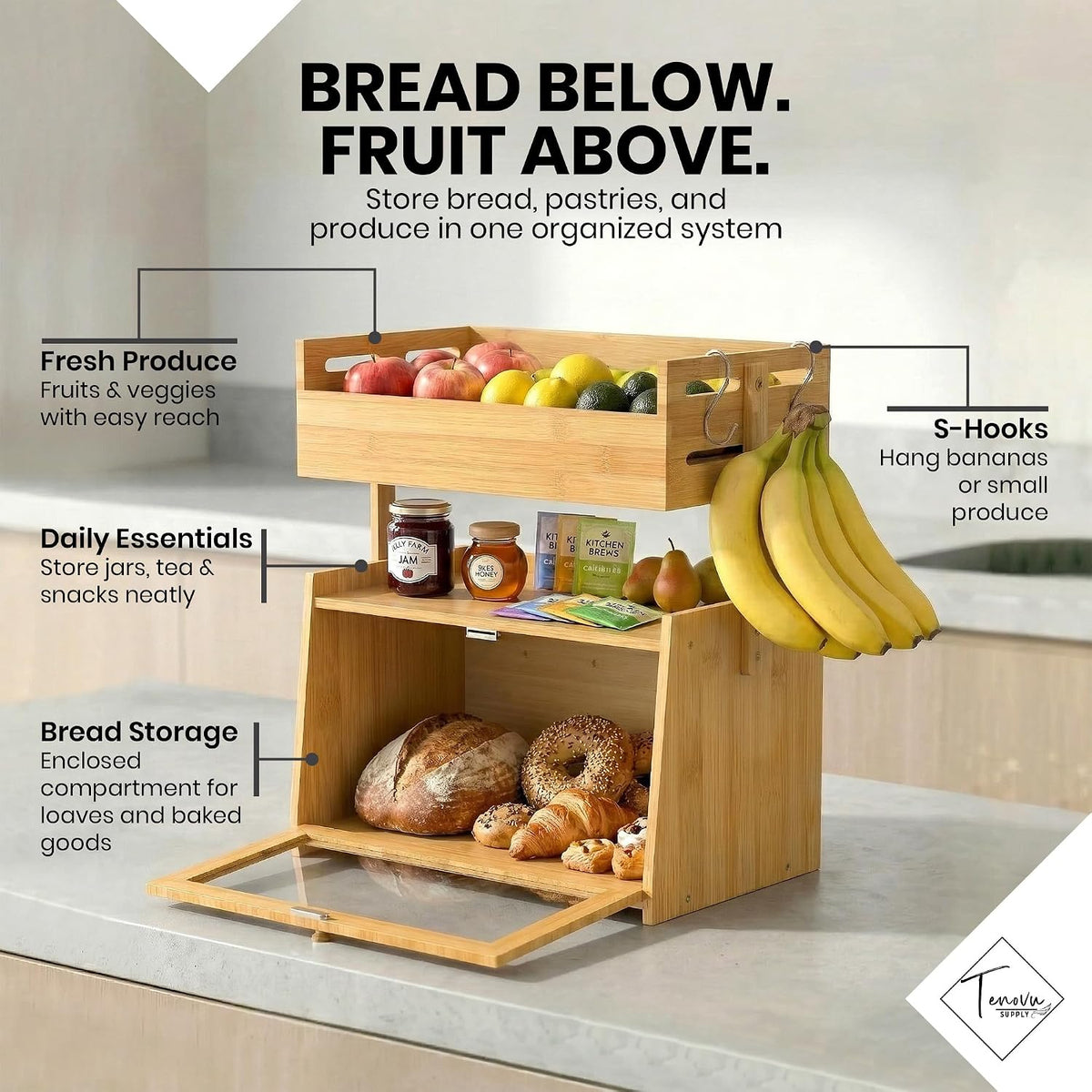 Bamboo Bread Box with Fruit Basket, 2-in-1 Kitchen Countertop Organizer | Vertical storage with acrylic window door, 8