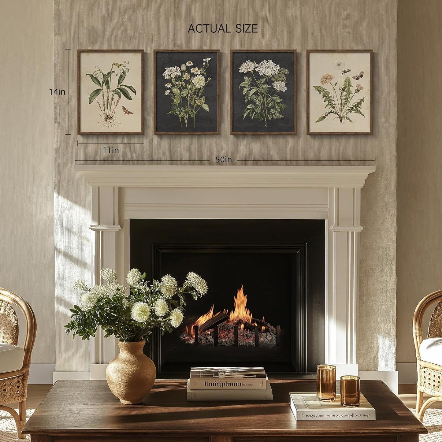 Neutral Flower / 11" W x 14" H x / Vintage - Walnut Framed / Set of 4