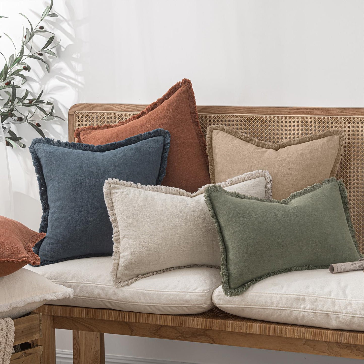 Decorative Throw Pillow Covers Neutral Linen Fringe Throw Pillows Boho / 20 x 20 / Camel / Set of 2