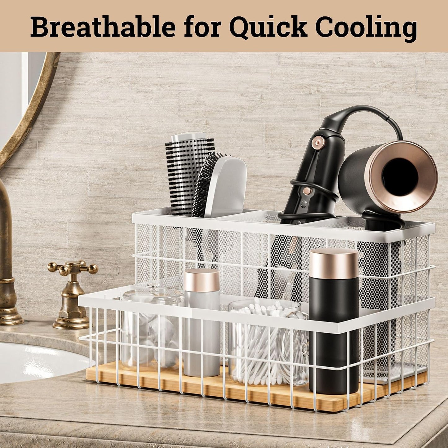 Hair Tool Organizer Countertop, Breathable Metal & Bamboo, Heat-Resistant | No Assembly Required, Removable Baskets