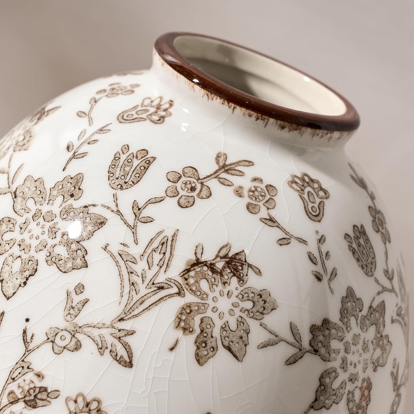 Antique Rustic Ceramic Vase / Brown Chinoiserie Floral- 5.83 / 5.83 Inch
