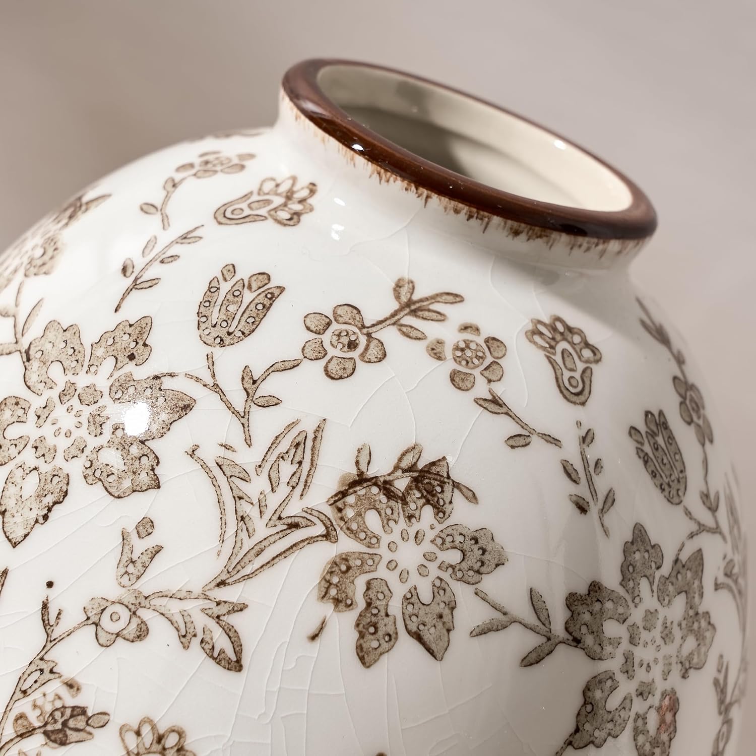 Antique Rustic Ceramic Vase / Brown Chinoiserie Floral- 5.83 / 5.83 Inch