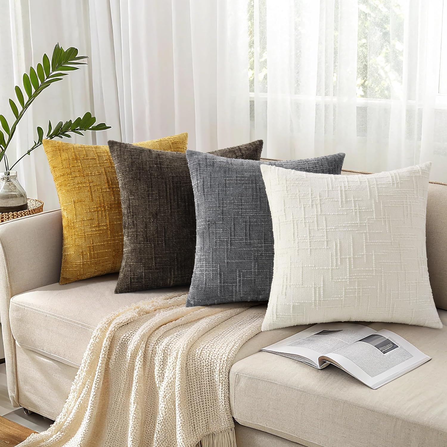 Fall Chenille Throw Pillow Covers Textured Soft Slubby Couch / Mustard Yellow / 18 x 18 / Set of 2