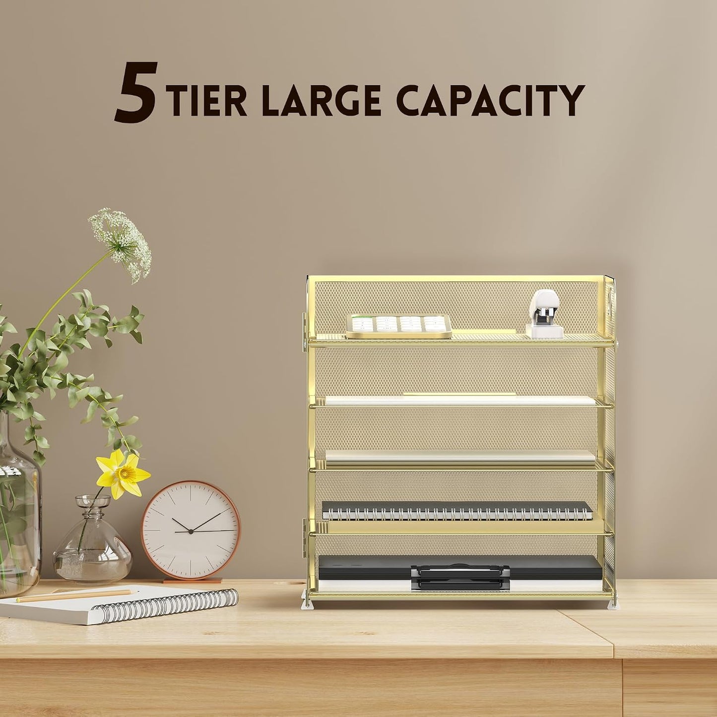 5 Trays Paper Organizer Letter Tray with Handle-Mesh Desk File Organizer, Paper Sorter Desk Organizer for Office, Home