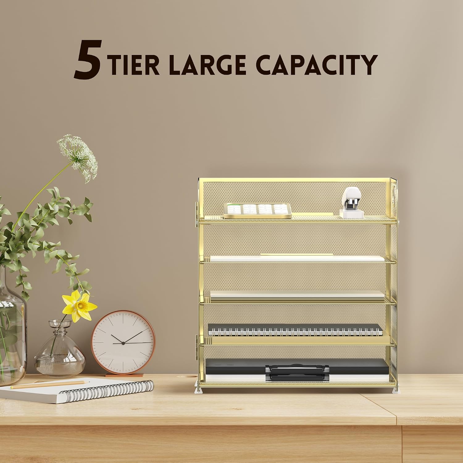 5 Trays Paper Organizer Letter Tray with Handle-Mesh Desk File Organizer, Paper Sorter Desk Organizer for Office, Home