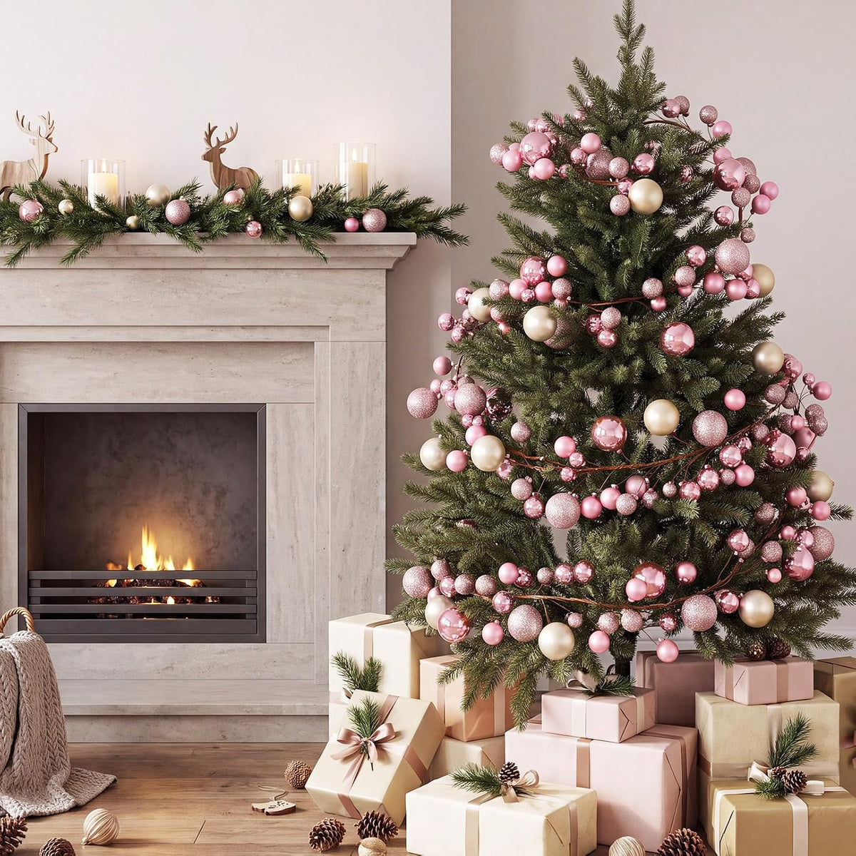 2 Pcs 6 ft Christmas Ball Ornament Garland, Pink, Champagne Gold | Bauble Bulb Christmas Tree Ball Decoration