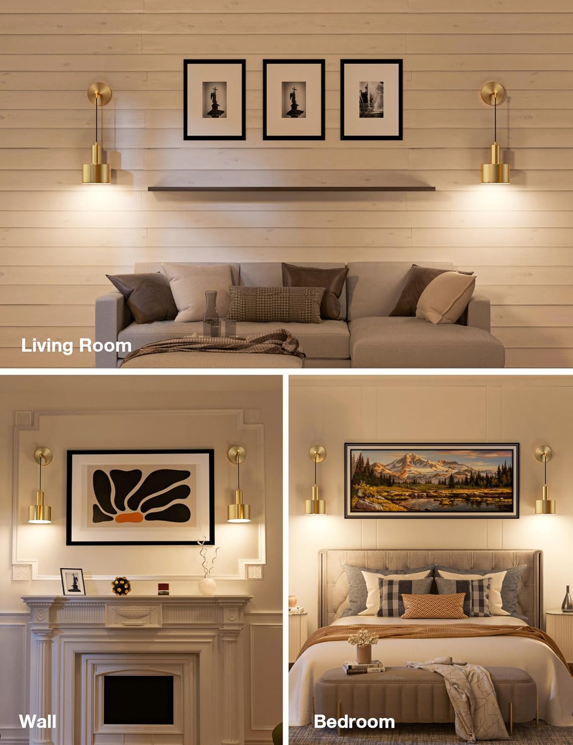 Battery Operated Wall Sconce Set of 2, Gold Wireless Rechargeable Wall Lights with 5200mAh Dimmable Detachable Bulbs