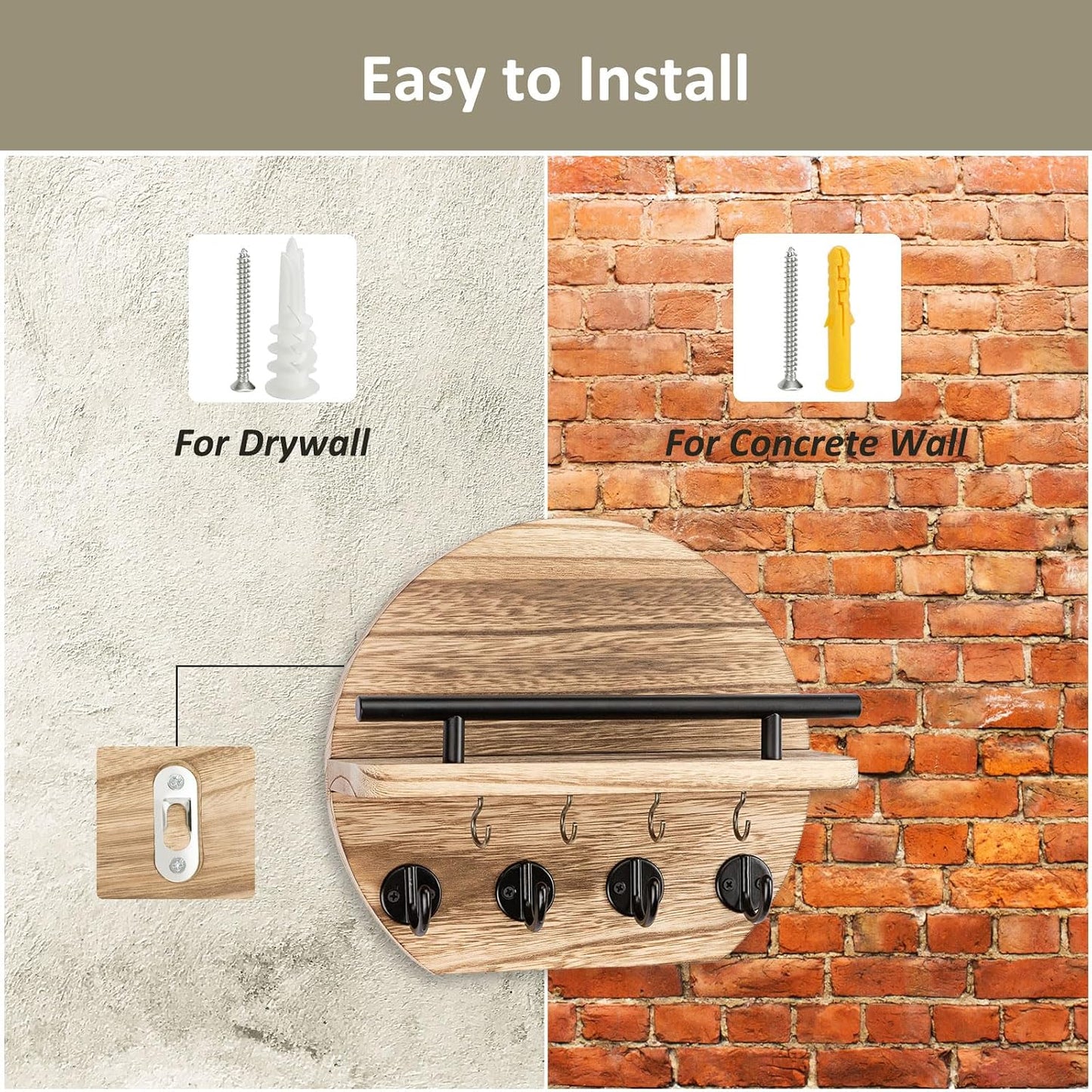 Key Holder / Shelf and 8 Key Hooks / Wood / 9.8 Inch