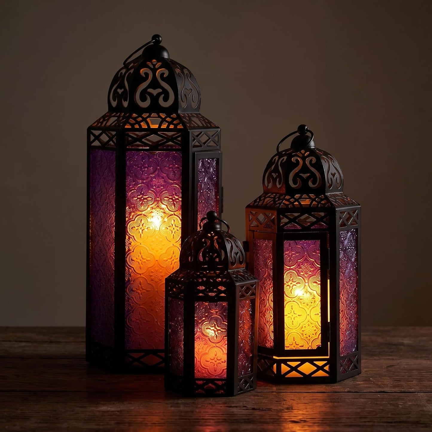 VELA LANTERNS Set of 3 Purple Glass & Black Metal Moroccan Candle Lantern Holders (XL, Large, Small) - Decorative