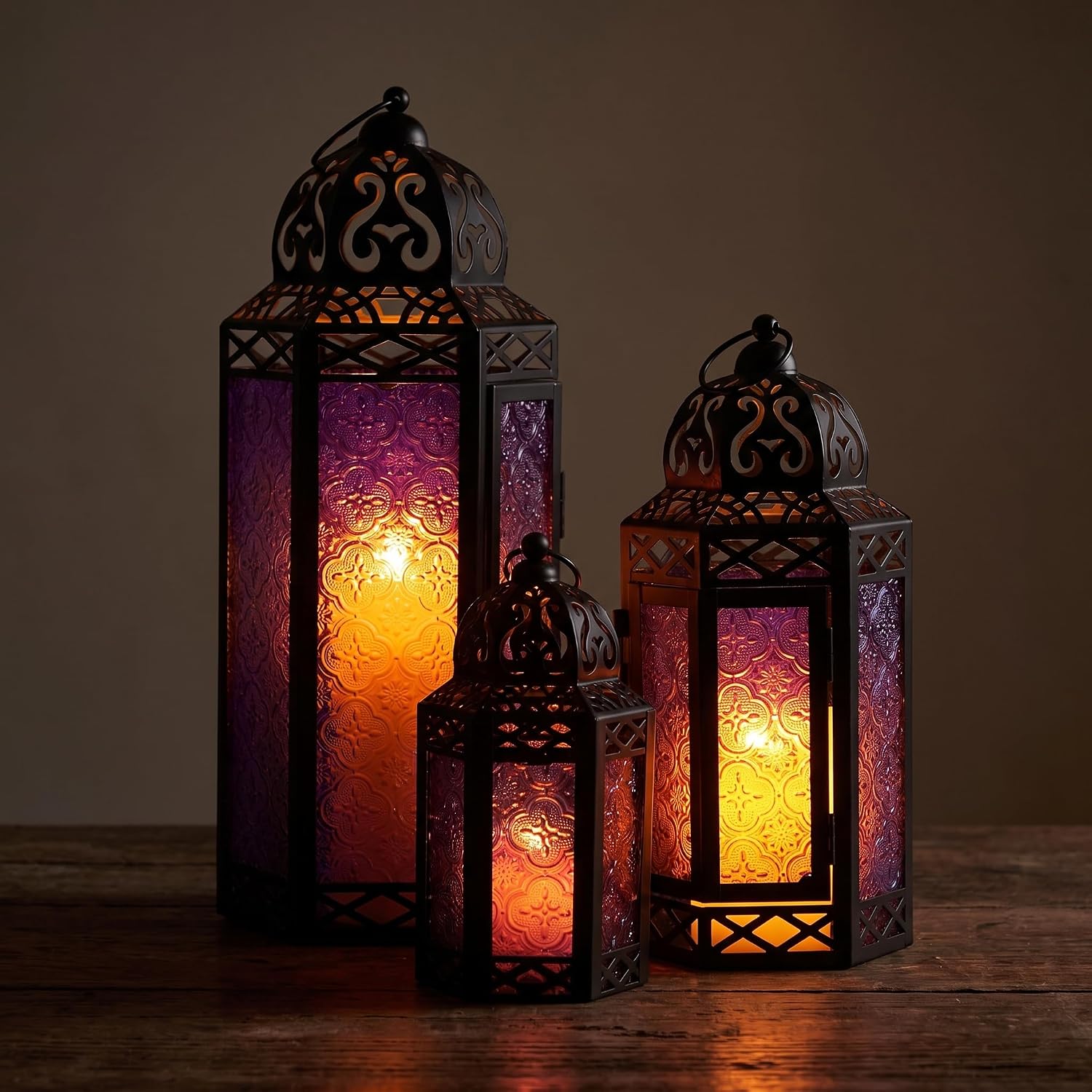 VELA LANTERNS Set of 3 Purple Glass & Black Metal Moroccan Candle Lantern Holders (XL, Large, Small) - Decorative
