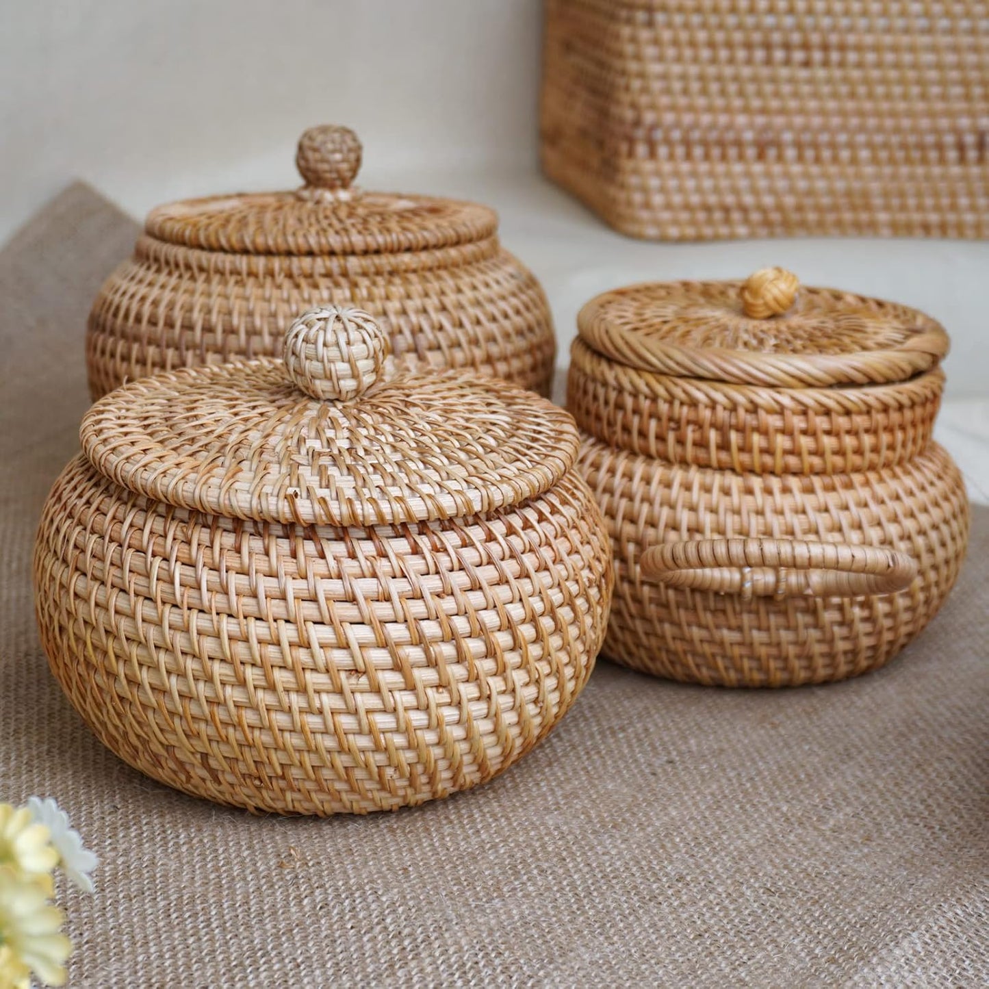 Round Rattan Basket Box / Round Rattan Basket with Lid / 6.3 Inch