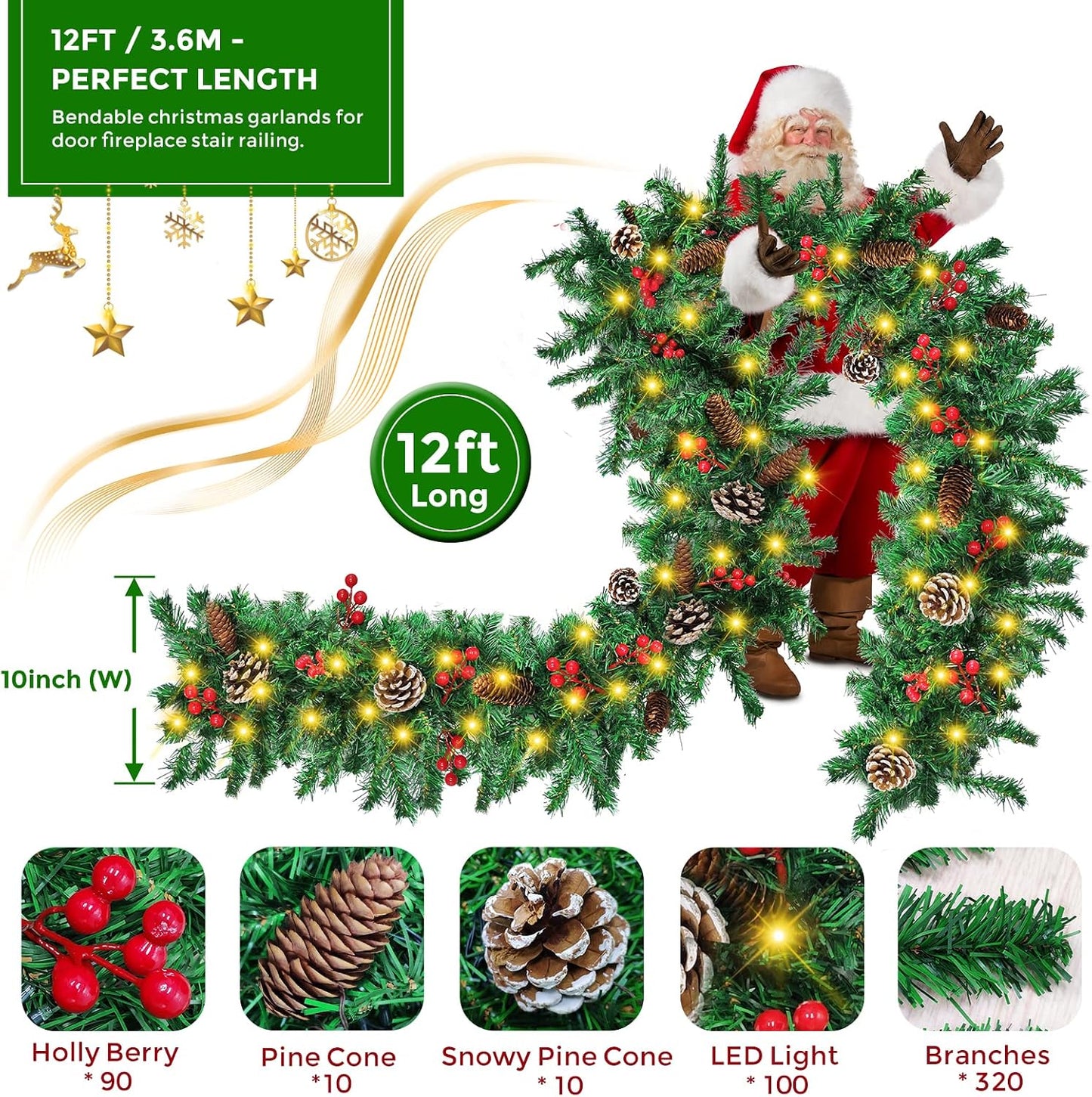 Christmas Garland, 12FT Prelit Christmas Garland with 100 LED Lights, Greenery Xmas Garland with 20 Pine Cones 90 Red