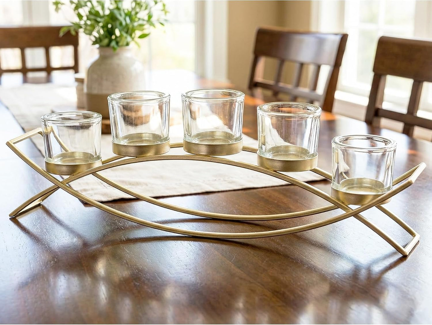 Centerpieces for Tables, Dining Room Candle Holder Decor, Gold | Votive Candle Holders, Wrought Iron 5 Cup Candelabra