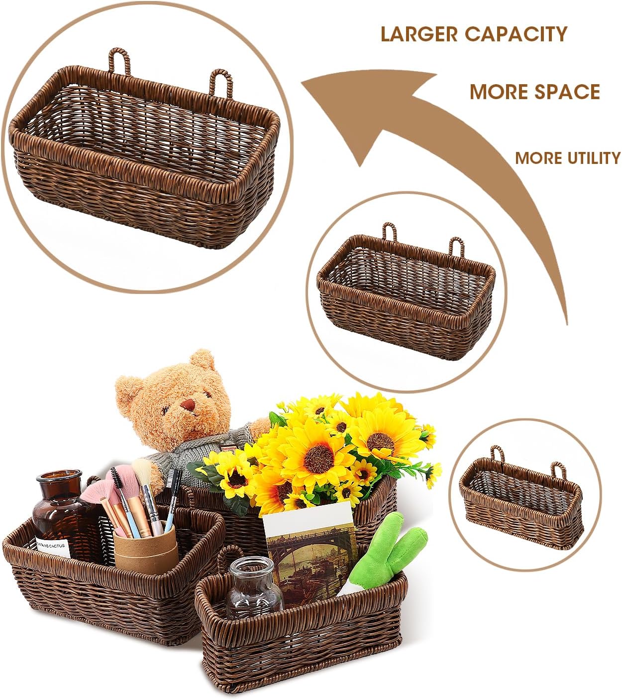 Boho Style Hand-Woven Hanging Storage Baskets / Brown / 3 Pc / Set of 3
